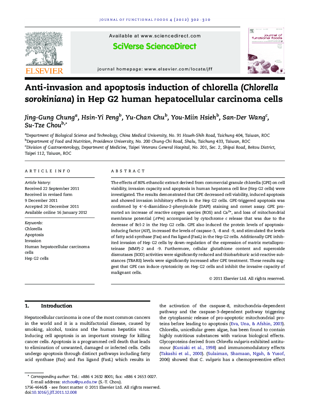 Anti-invasion and apoptosis induction of chlorella (Chlorella sorokiniana) in Hep G2 human hepatocellular carcinoma cells