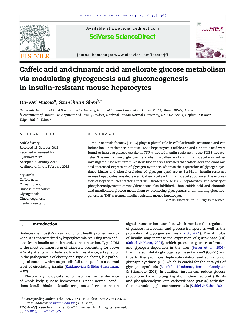 Caffeic acid and cinnamic acid ameliorate glucose metabolism via modulating glycogenesis and gluconeogenesis in insulin-resistant mouse hepatocytes