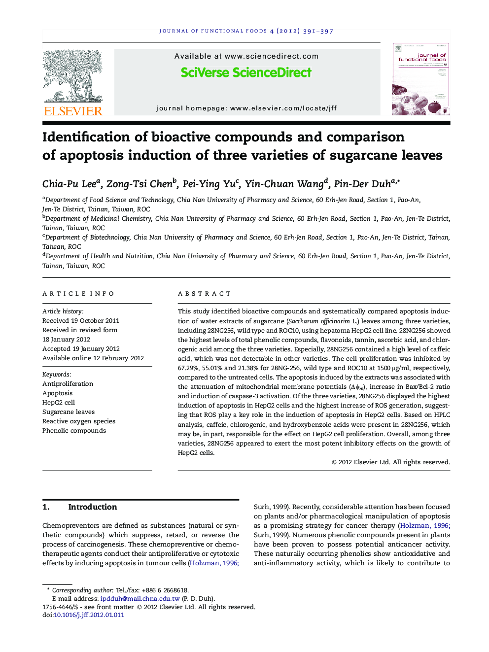 Identification of bioactive compounds and comparison of apoptosis induction of three varieties of sugarcane leaves