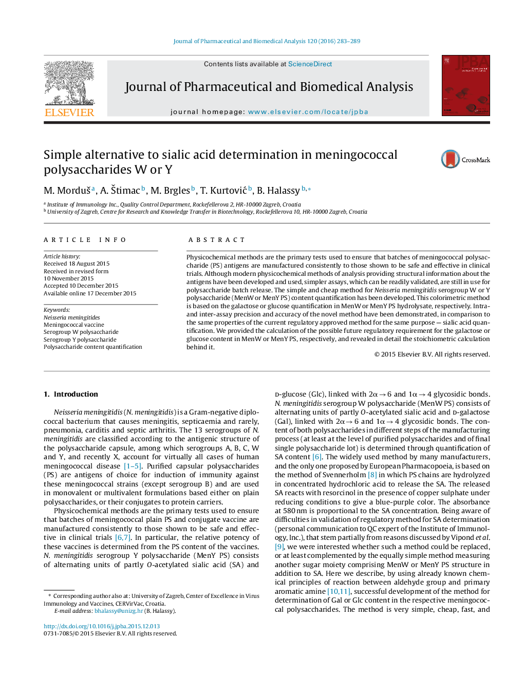 Simple alternative to sialic acid determination in meningococcal polysaccharides W or Y