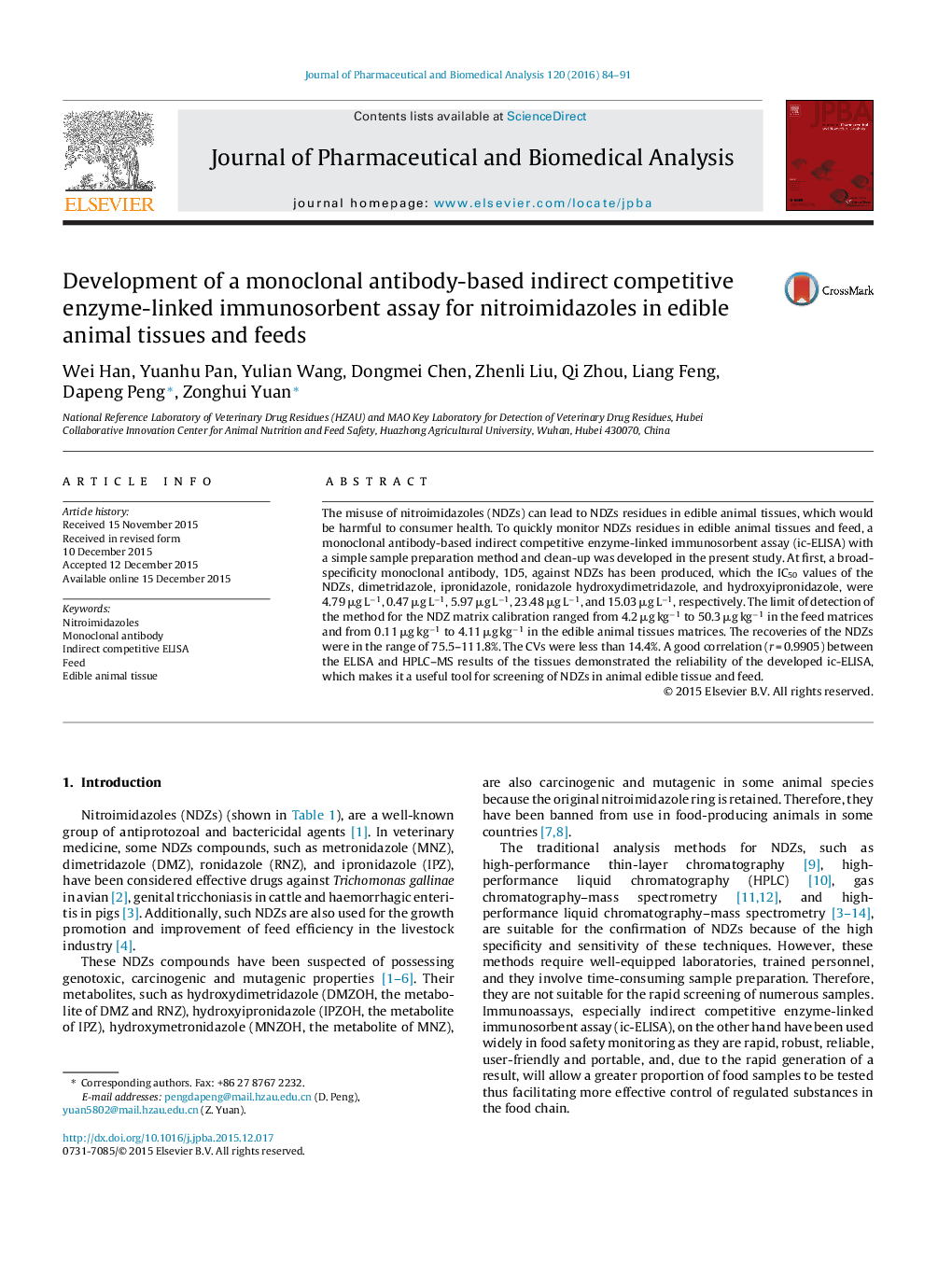 Development of a monoclonal antibody-based indirect competitive enzyme-linked immunosorbent assay for nitroimidazoles in edible animal tissues and feeds