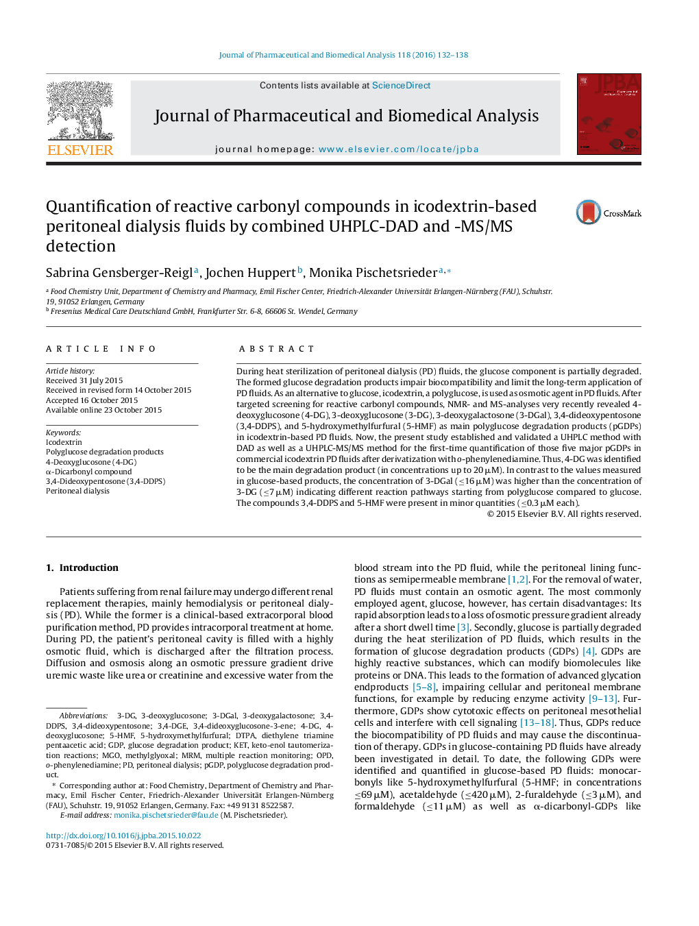 Quantification of reactive carbonyl compounds in icodextrin-based peritoneal dialysis fluids by combined UHPLC-DAD and -MS/MS detection