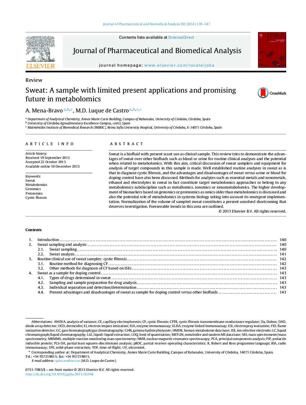 Sweat: A sample with limited present applications and promising future in metabolomics