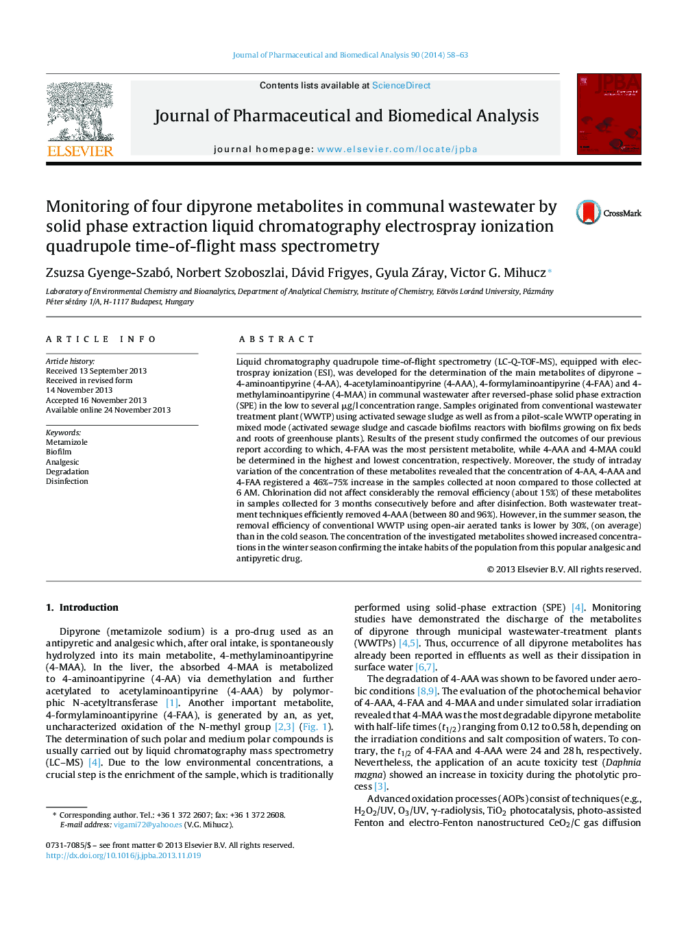 Monitoring of four dipyrone metabolites in communal wastewater by solid phase extraction liquid chromatography electrospray ionization quadrupole time-of-flight mass spectrometry