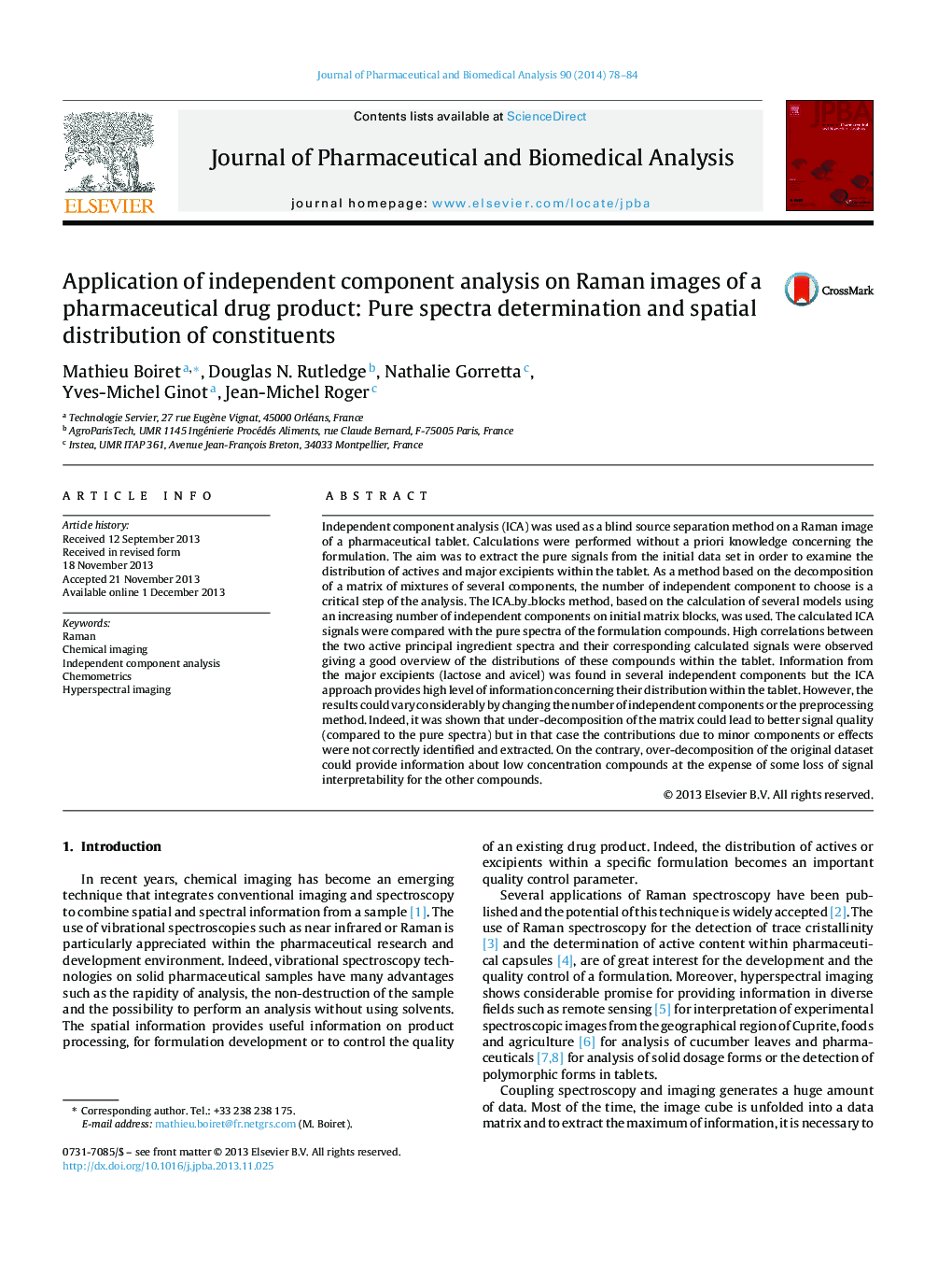 Application of independent component analysis on Raman images of a pharmaceutical drug product: Pure spectra determination and spatial distribution of constituents