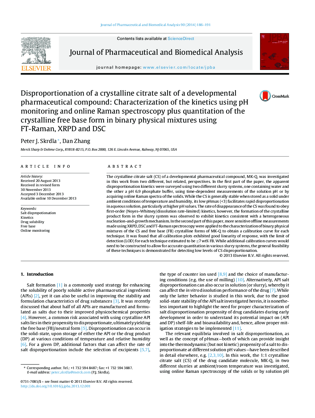 Disproportionation of a crystalline citrate salt of a developmental pharmaceutical compound: Characterization of the kinetics using pH monitoring and online Raman spectroscopy plus quantitation of the crystalline free base form in binary physical mixtures