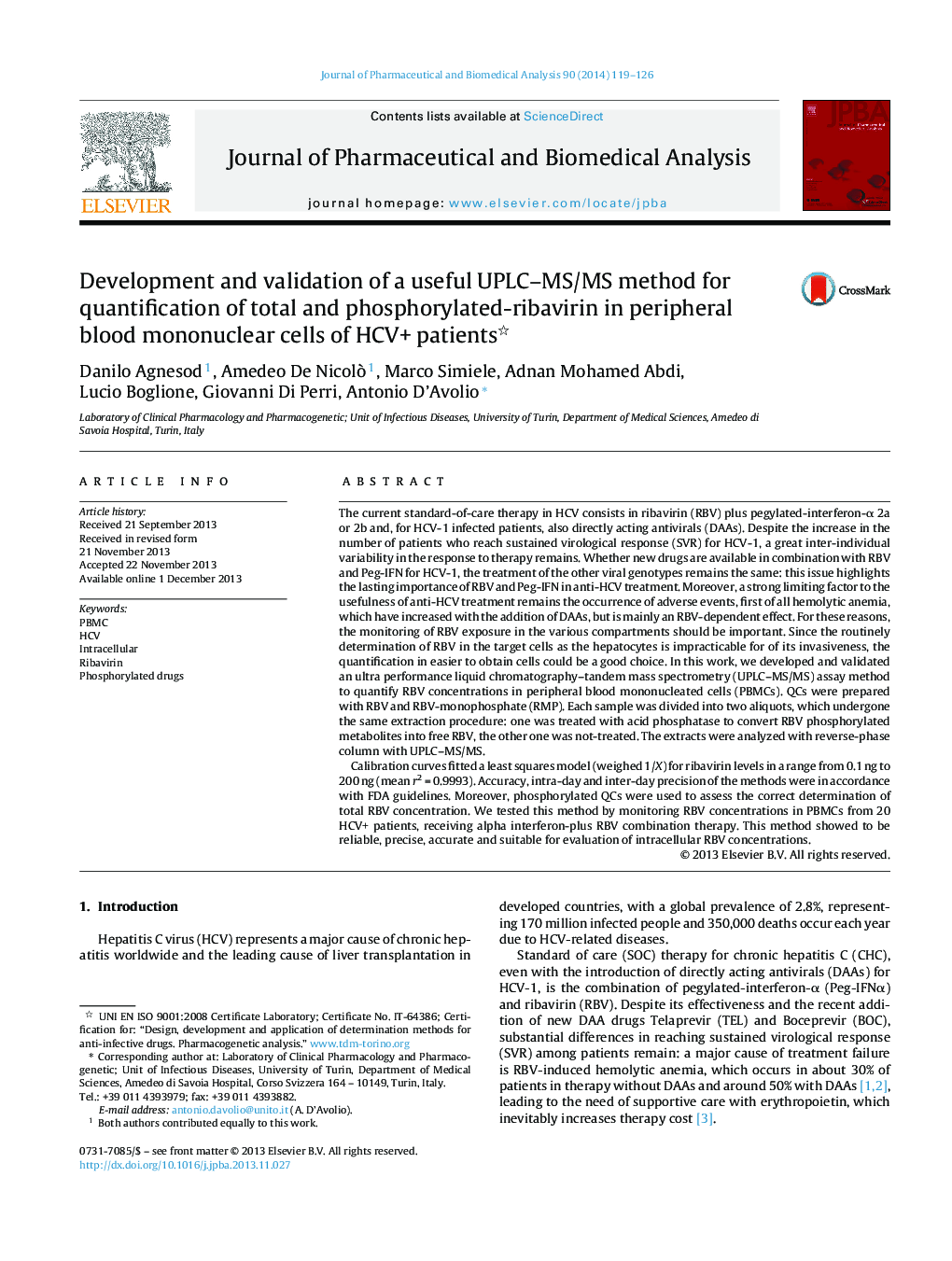 Development and validation of a useful UPLC–MS/MS method for quantification of total and phosphorylated-ribavirin in peripheral blood mononuclear cells of HCV+ patients 