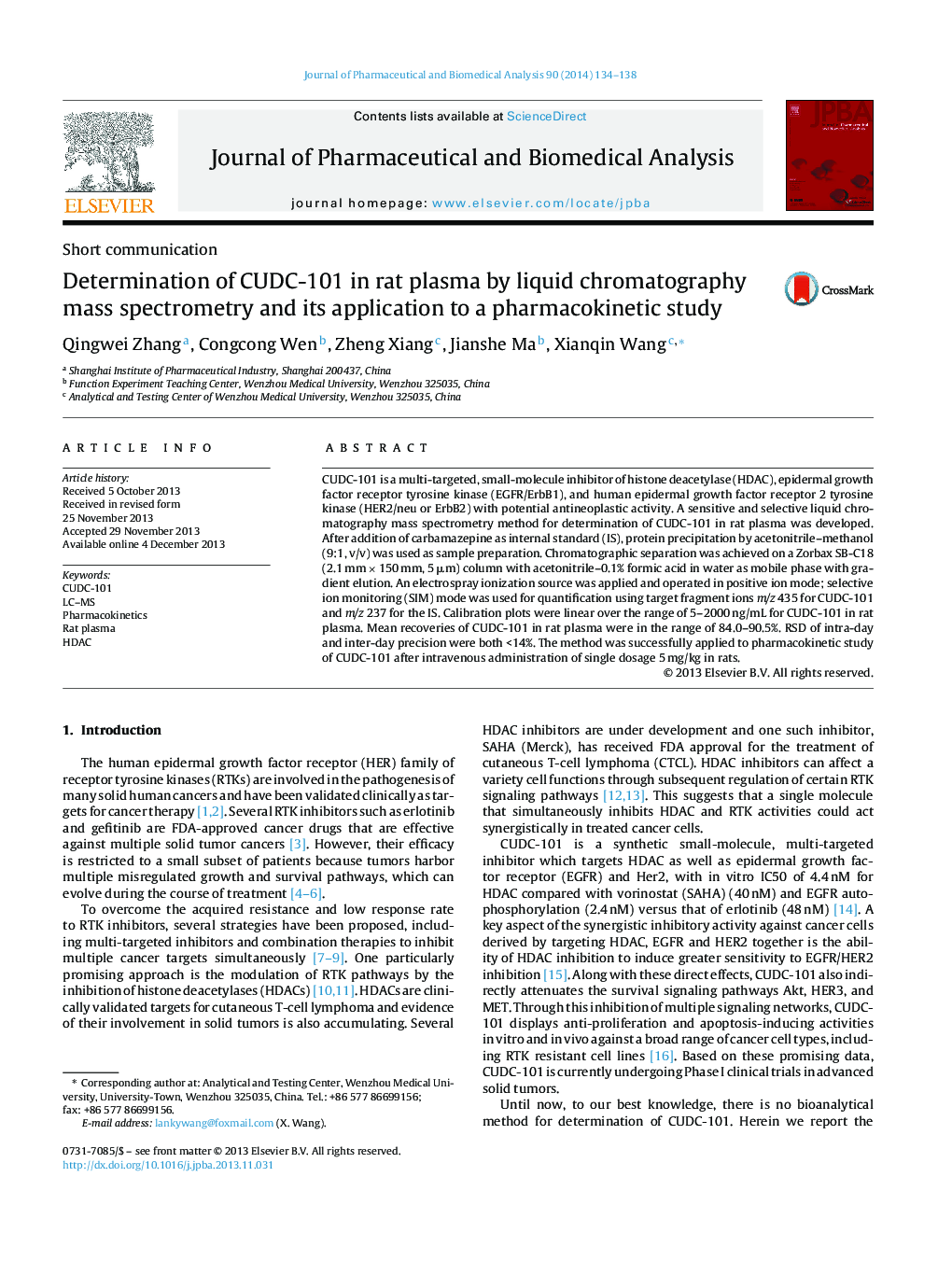 Determination of CUDC-101 in rat plasma by liquid chromatography mass spectrometry and its application to a pharmacokinetic study