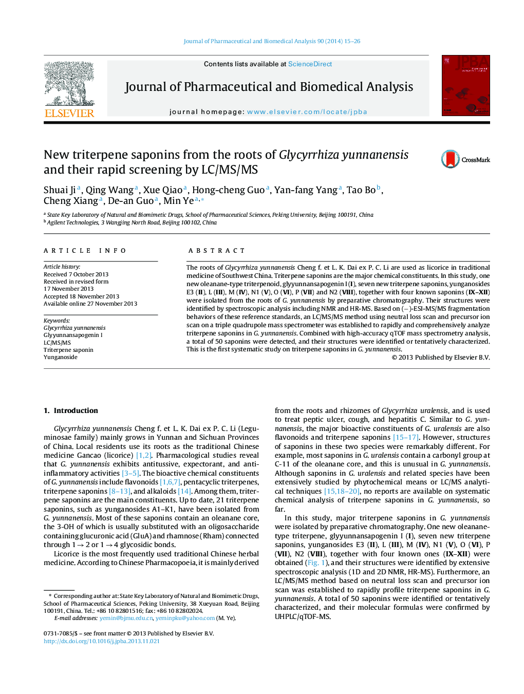 New triterpene saponins from the roots of Glycyrrhiza yunnanensis and their rapid screening by LC/MS/MS