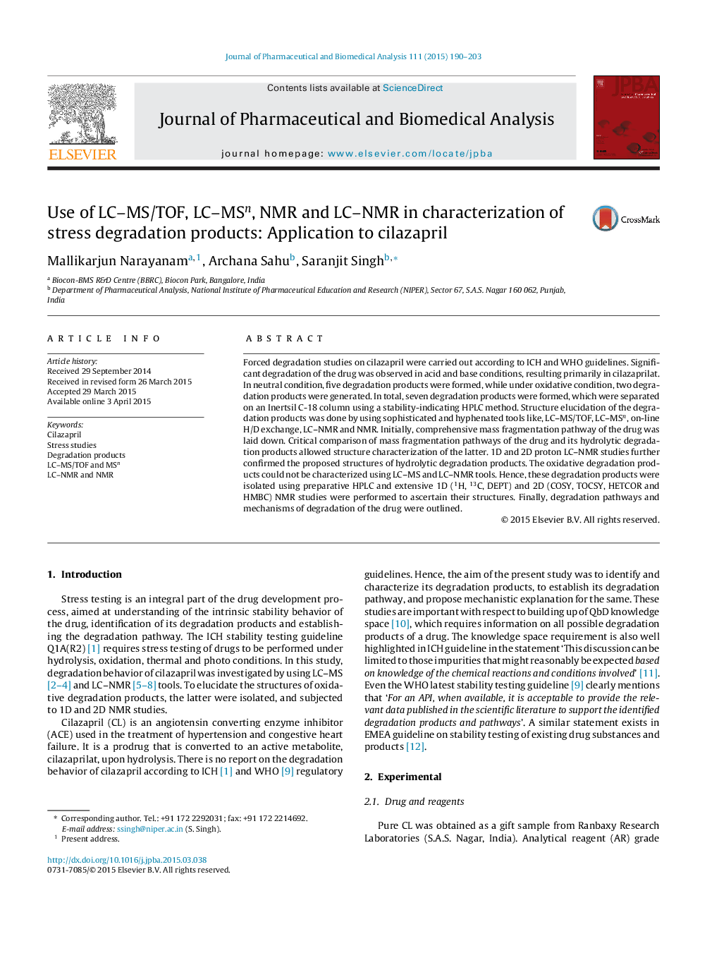 Use of LC–MS/TOF, LC–MSn, NMR and LC–NMR in characterization of stress degradation products: Application to cilazapril