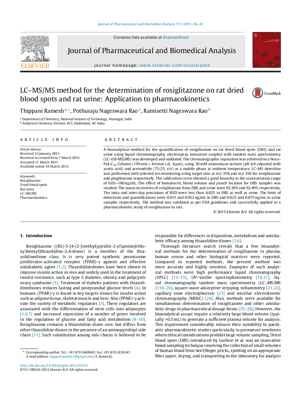 LC–MS/MS method for the determination of rosiglitazone on rat dried blood spots and rat urine: Application to pharmacokinetics