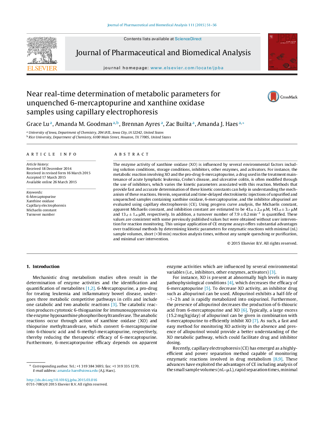 Near real-time determination of metabolic parameters for unquenched 6-mercaptopurine and xanthine oxidase samples using capillary electrophoresis