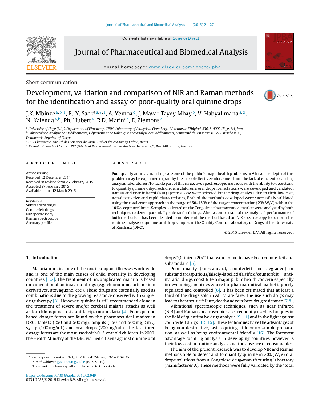 Development, validation and comparison of NIR and Raman methods for the identification and assay of poor-quality oral quinine drops