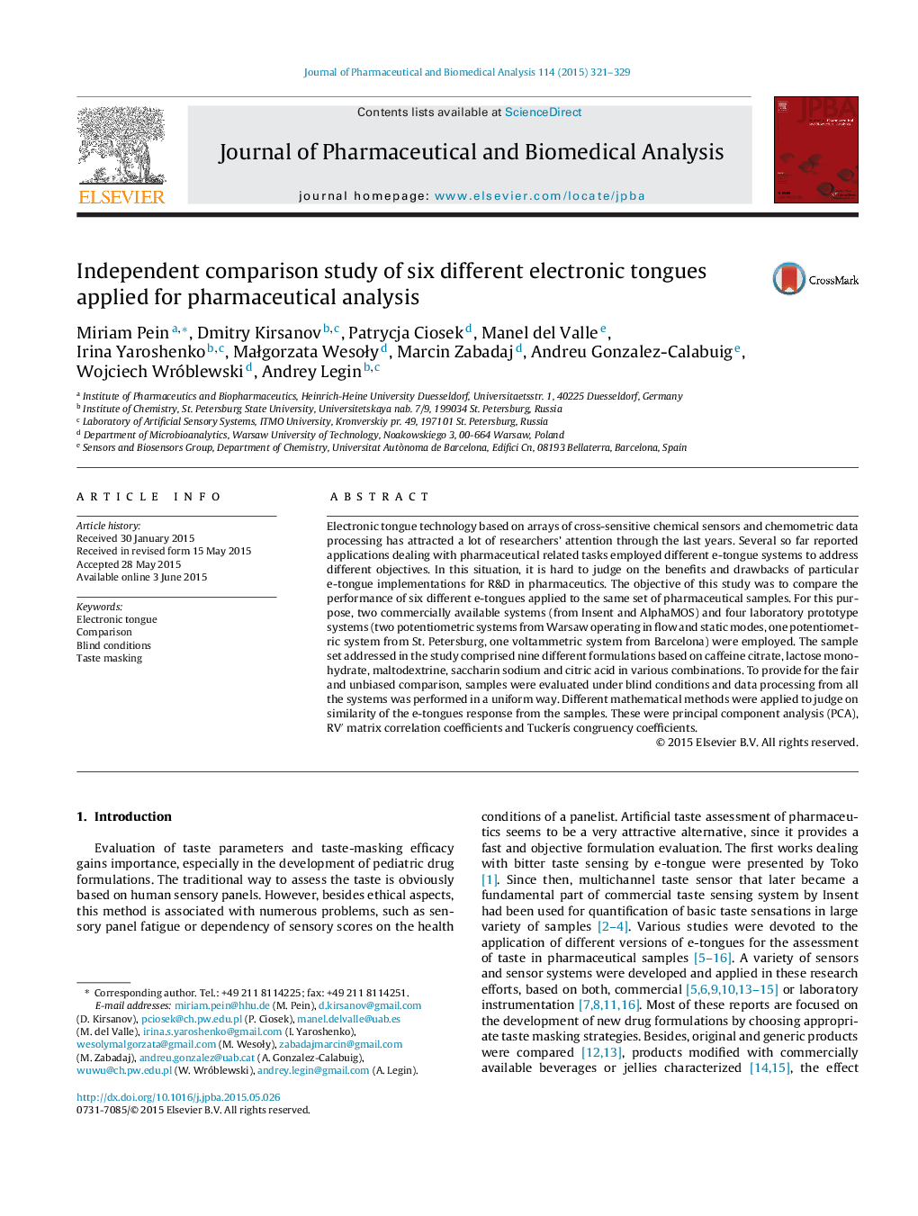 Independent comparison study of six different electronic tongues applied for pharmaceutical analysis