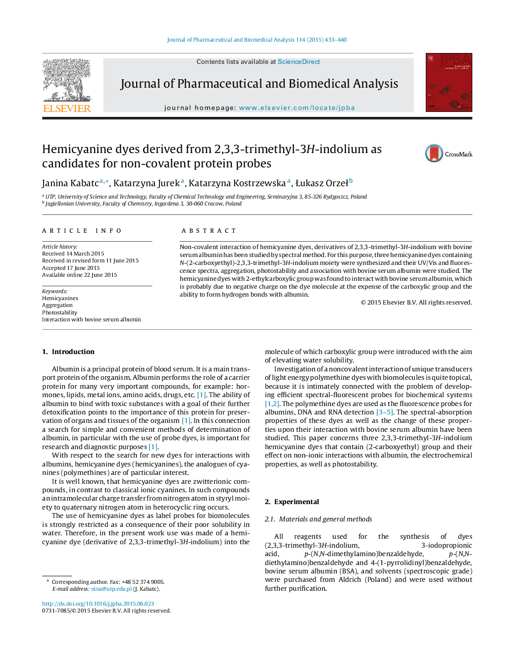 Hemicyanine dyes derived from 2,3,3-trimethyl-3H-indolium as candidates for non-covalent protein probes