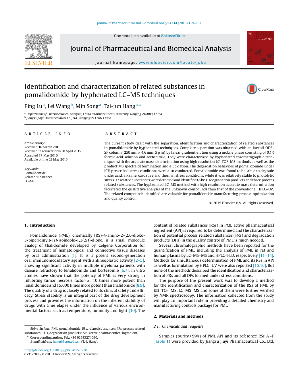 Identification and characterization of related substances in pomalidomide by hyphenated LC–MS techniques