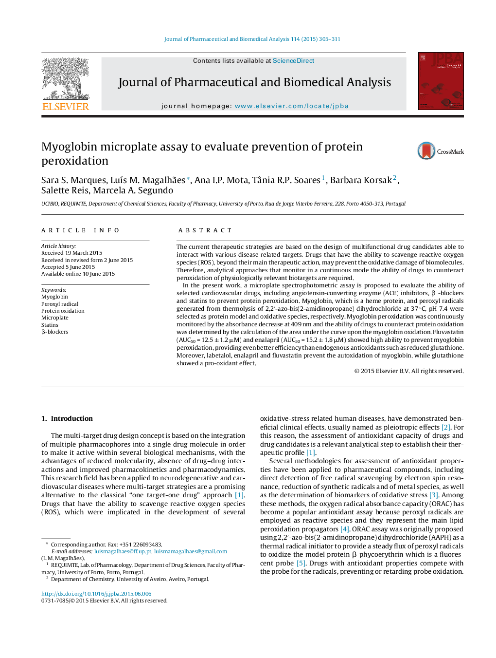 Myoglobin microplate assay to evaluate prevention of protein peroxidation