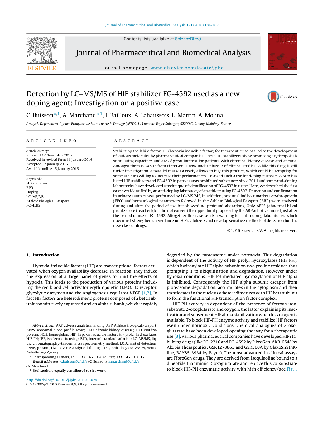 Detection by LC–MS/MS of HIF stabilizer FG-4592 used as a new doping agent: Investigation on a positive case