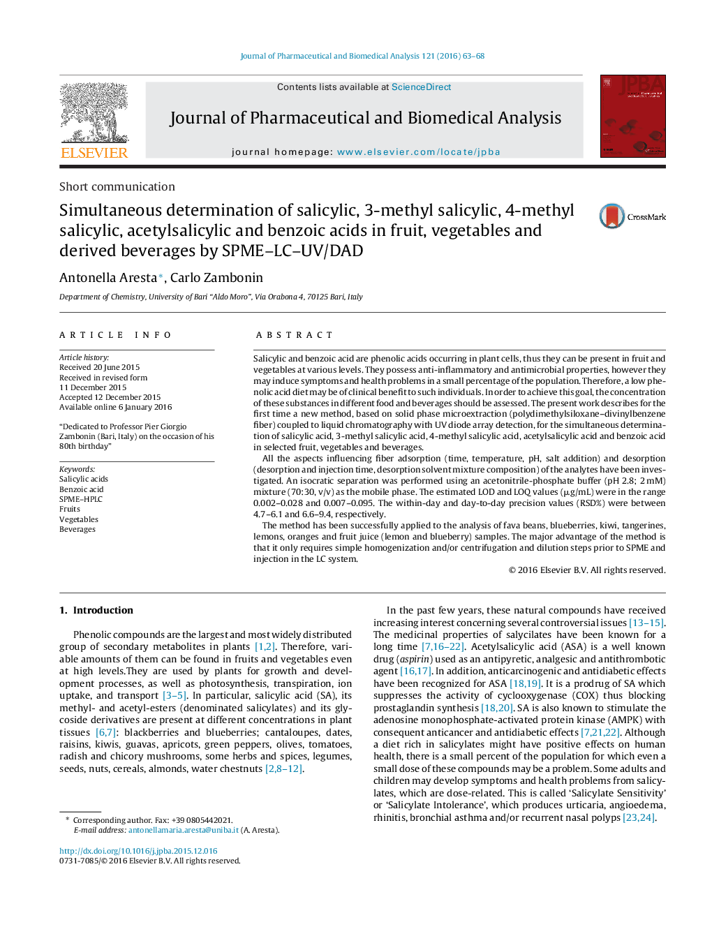 Simultaneous determination of salicylic, 3-methyl salicylic, 4-methyl salicylic, acetylsalicylic and benzoic acids in fruit, vegetables and derived beverages by SPME–LC–UV/DAD