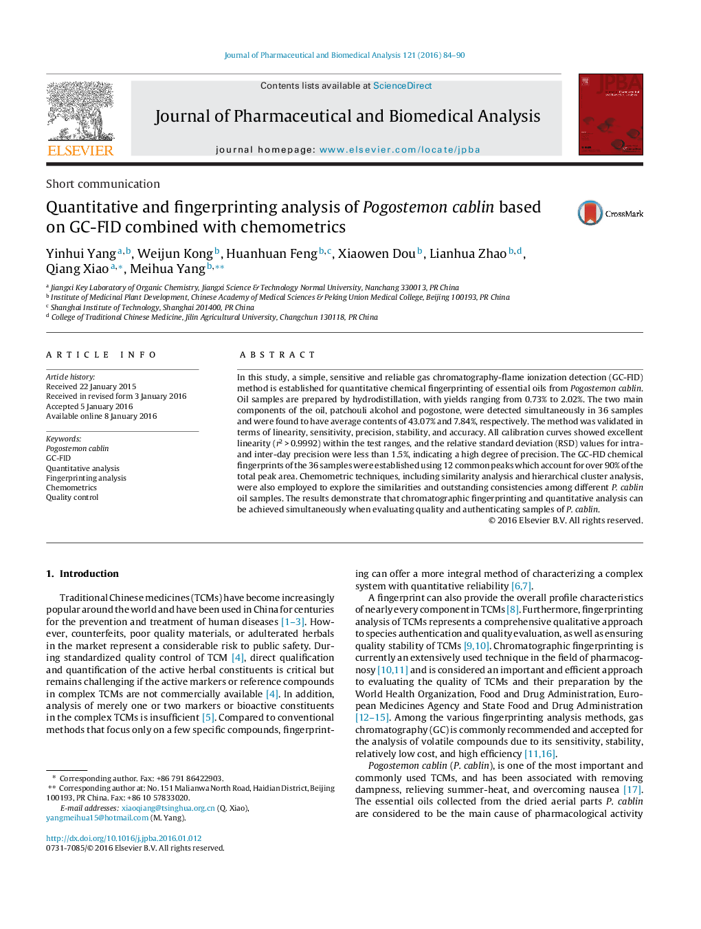 Quantitative and fingerprinting analysis of Pogostemon cablin based on GC-FID combined with chemometrics