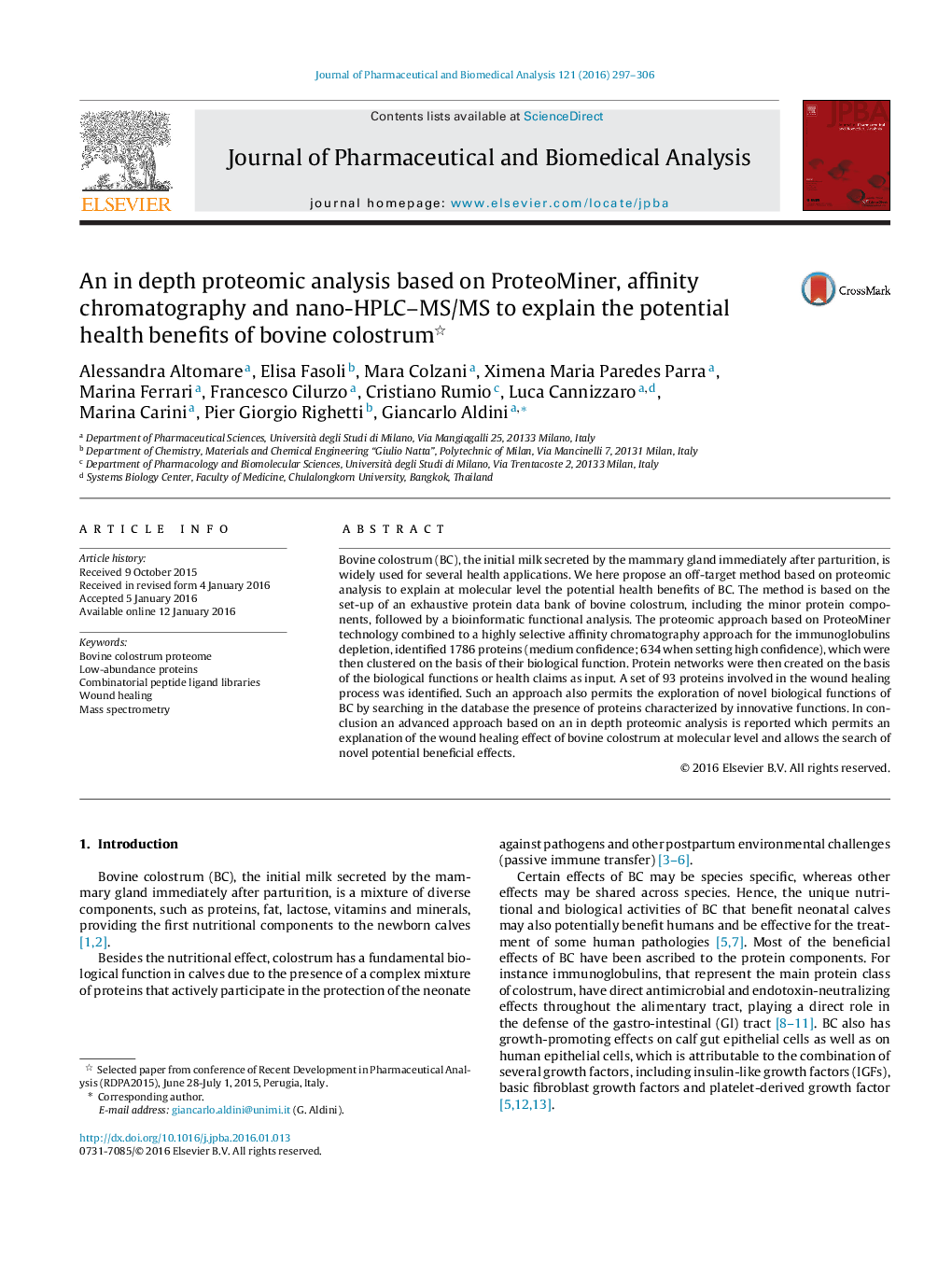 An in depth proteomic analysis based on ProteoMiner, affinity chromatography and nano-HPLC–MS/MS to explain the potential health benefits of bovine colostrum 