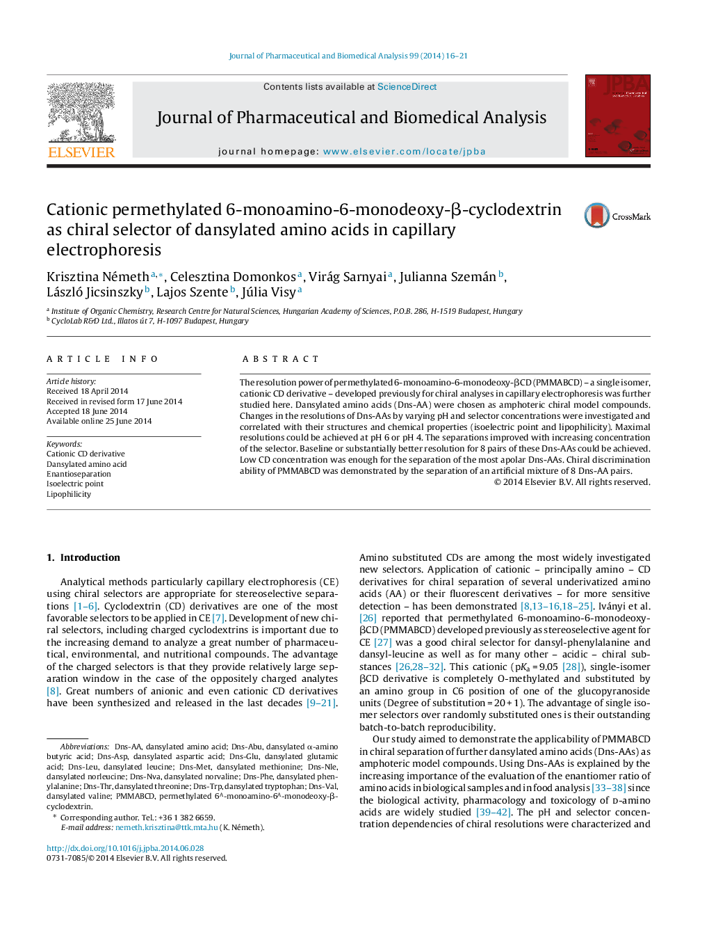 Cationic permethylated 6-monoamino-6-monodeoxy-β-cyclodextrin as chiral selector of dansylated amino acids in capillary electrophoresis