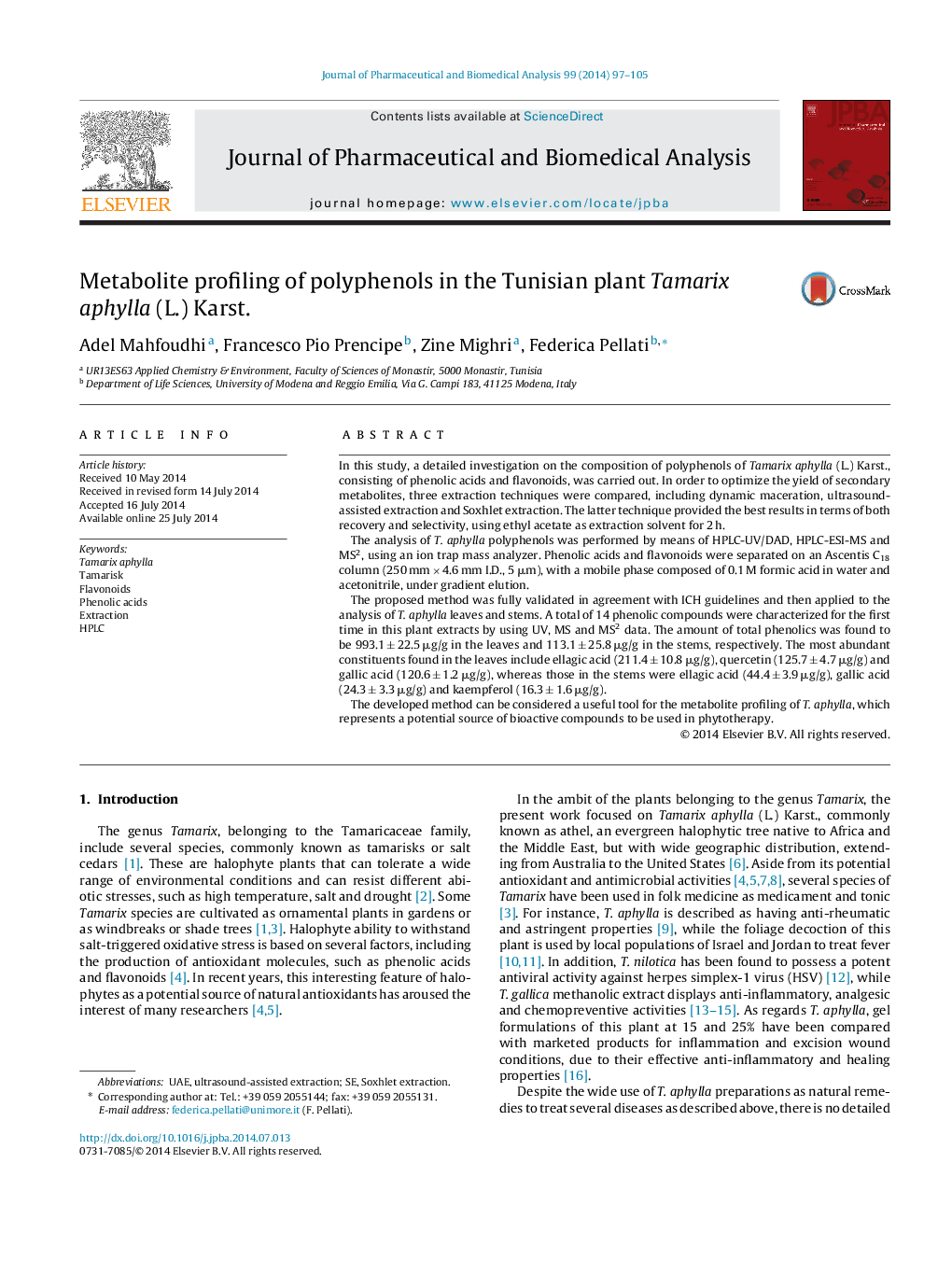 Metabolite profiling of polyphenols in the Tunisian plant Tamarix aphylla (L.) Karst.