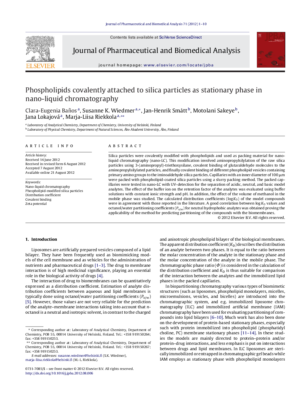 Phospholipids covalently attached to silica particles as stationary phase in nano-liquid chromatography