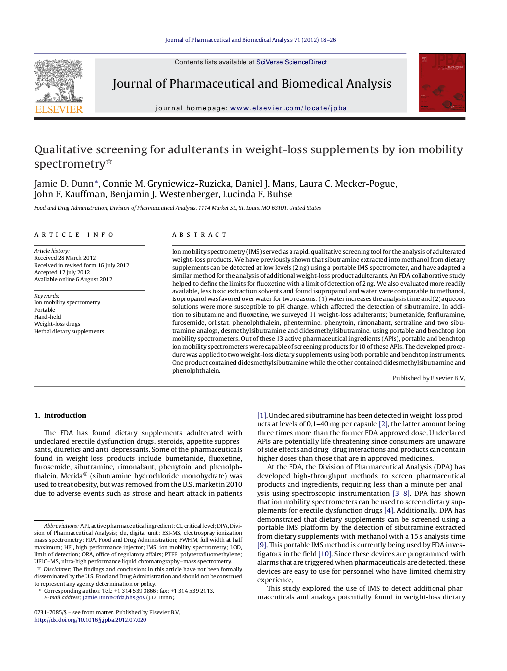 Qualitative screening for adulterants in weight-loss supplements by ion mobility spectrometry 