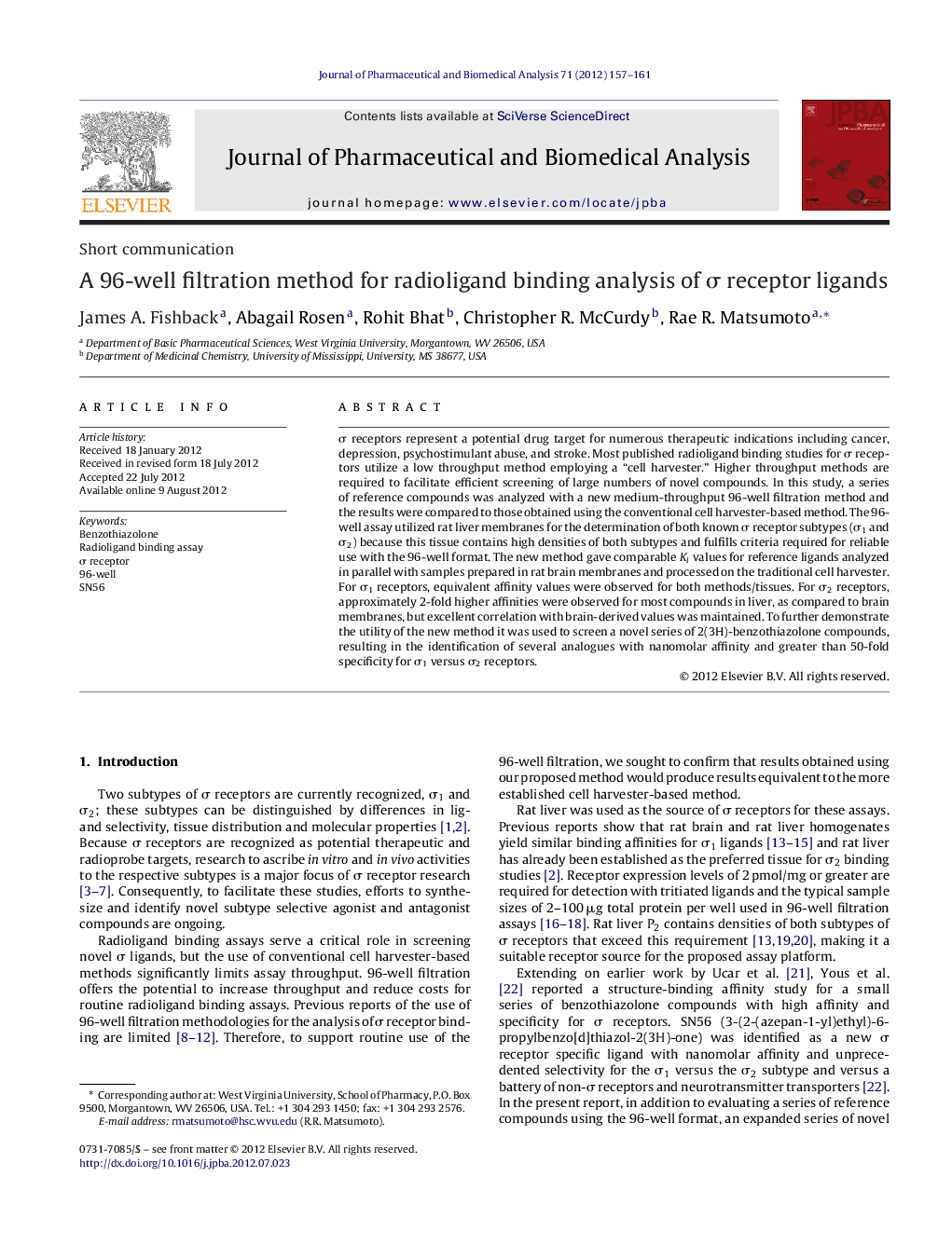 A 96-well filtration method for radioligand binding analysis of σ receptor ligands