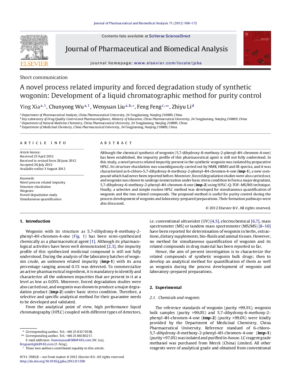 A novel process related impurity and forced degradation study of synthetic wogonin: Development of a liquid chromatographic method for purity control