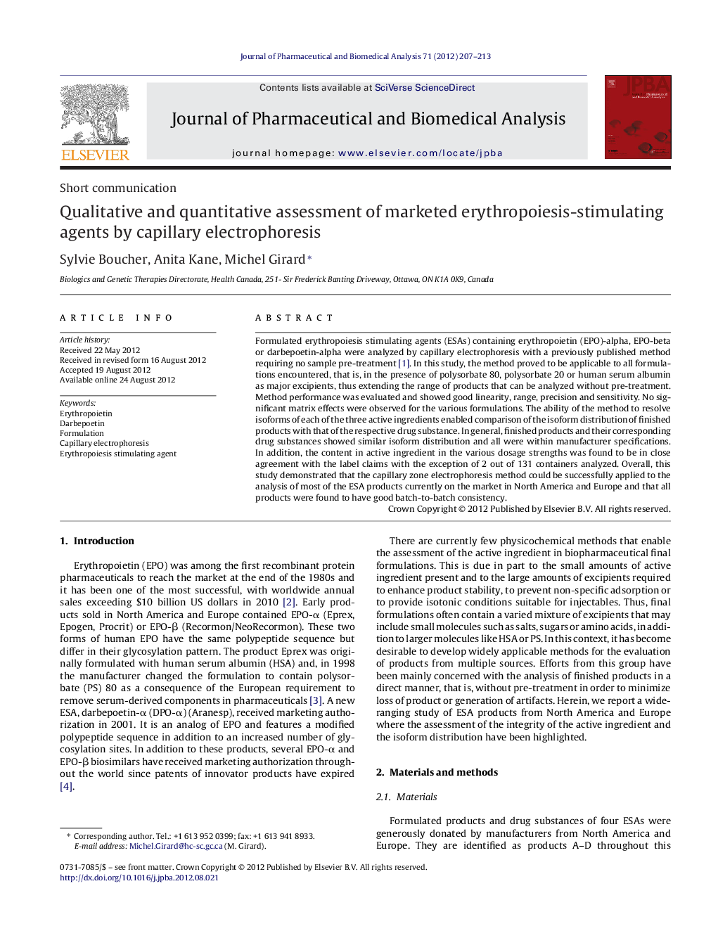 Qualitative and quantitative assessment of marketed erythropoiesis-stimulating agents by capillary electrophoresis