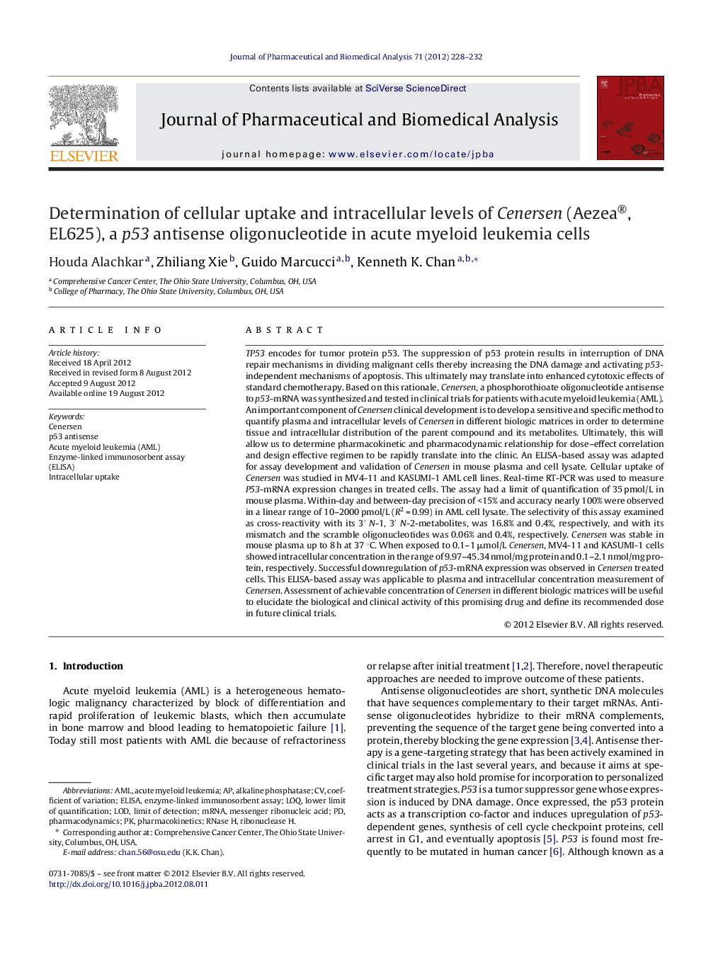 Determination of cellular uptake and intracellular levels of Cenersen (Aezea®, EL625), a p53 antisense oligonucleotide in acute myeloid leukemia cells