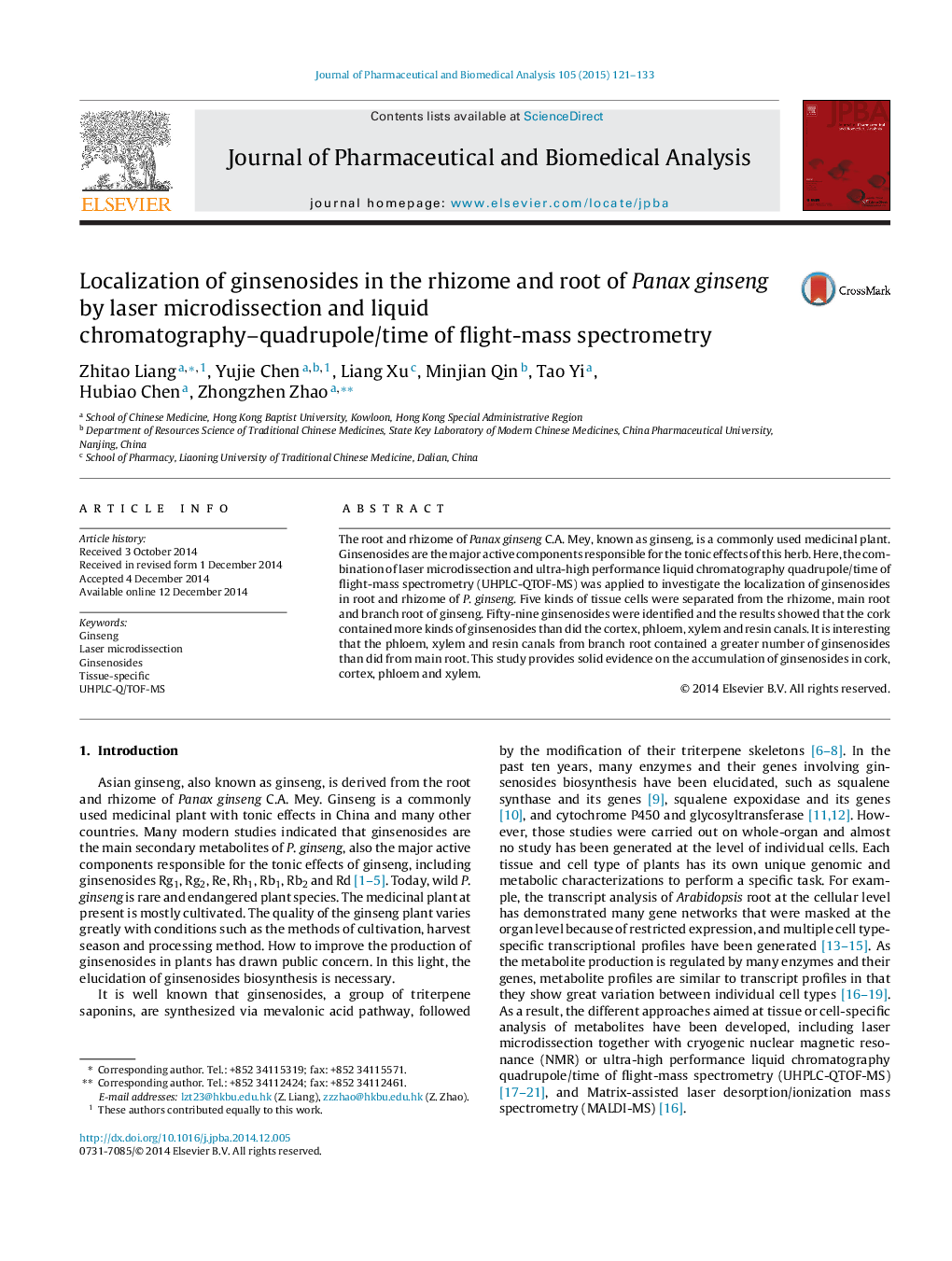 Localization of ginsenosides in the rhizome and root of Panax ginseng by laser microdissection and liquid chromatography–quadrupole/time of flight-mass spectrometry