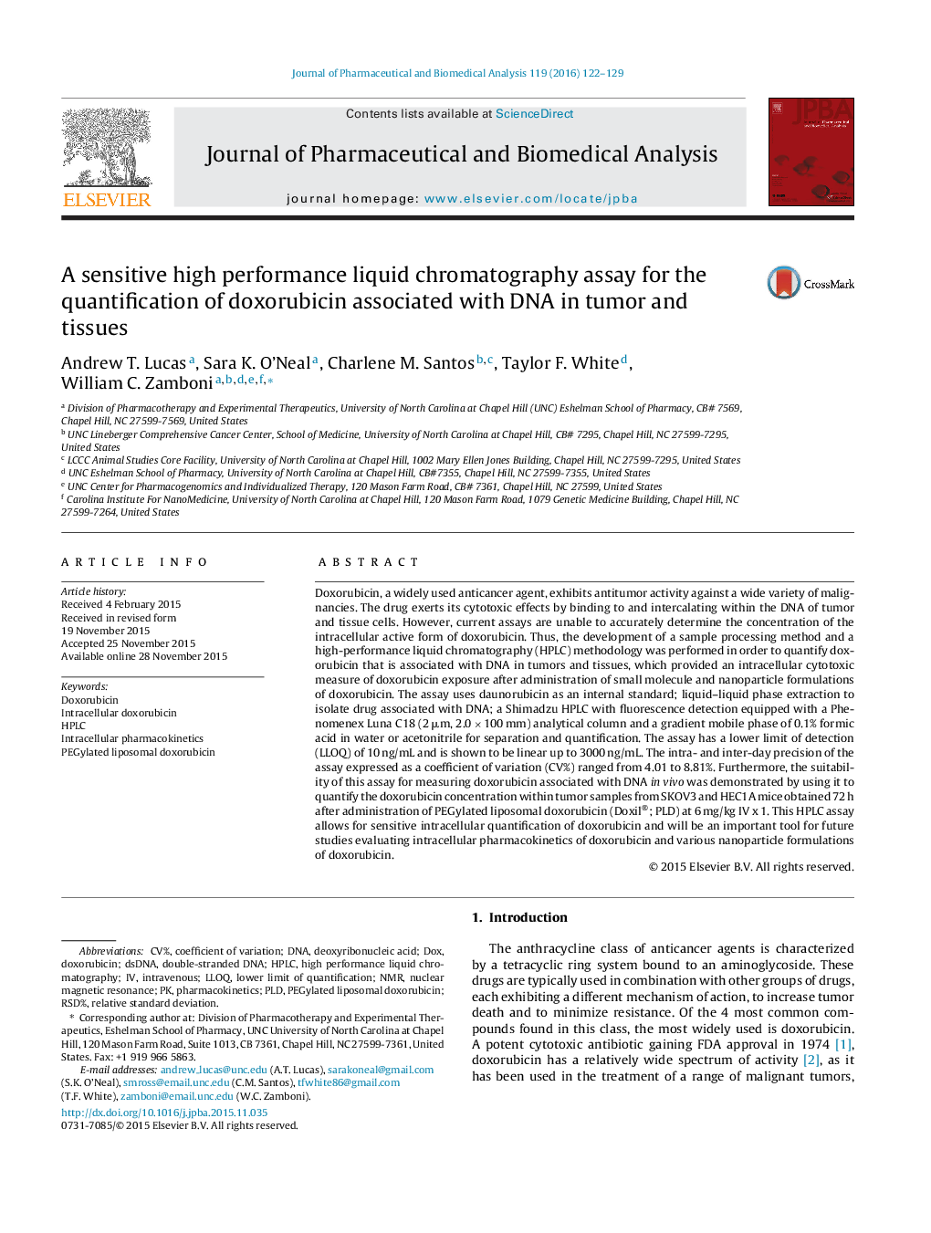 A sensitive high performance liquid chromatography assay for the quantification of doxorubicin associated with DNA in tumor and tissues