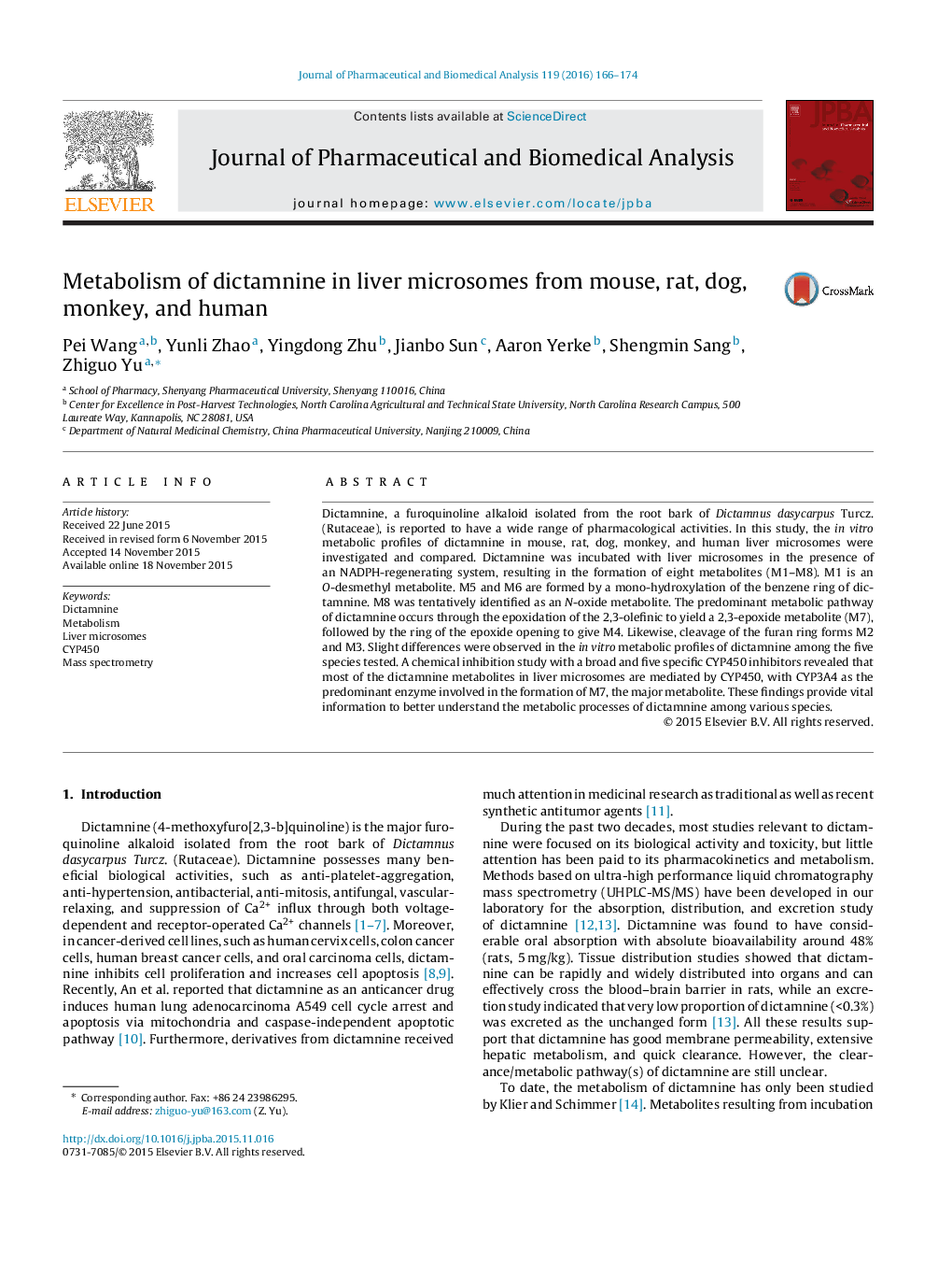 Metabolism of dictamnine in liver microsomes from mouse, rat, dog, monkey, and human