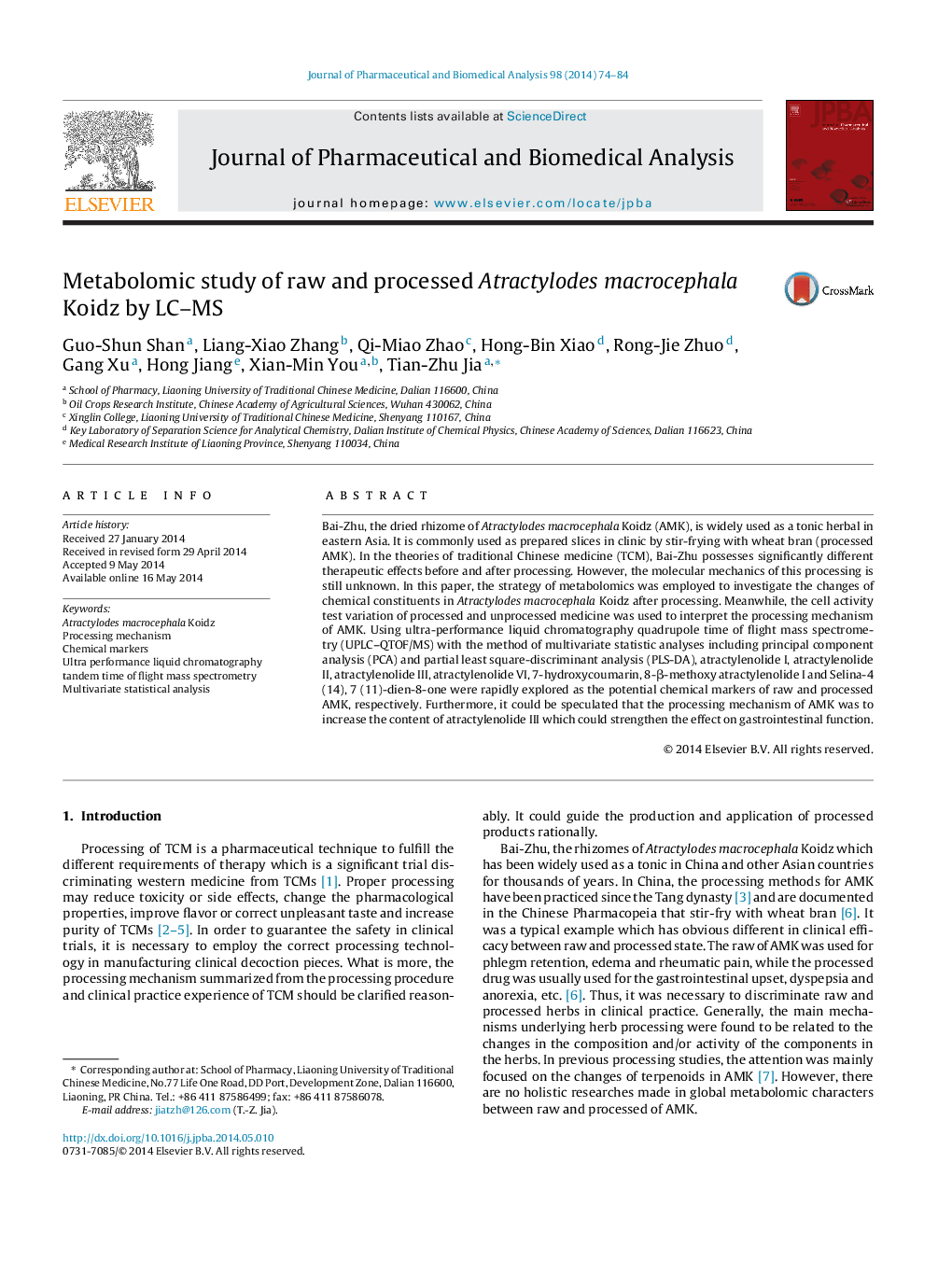 Metabolomic study of raw and processed Atractylodes macrocephala Koidz by LC–MS