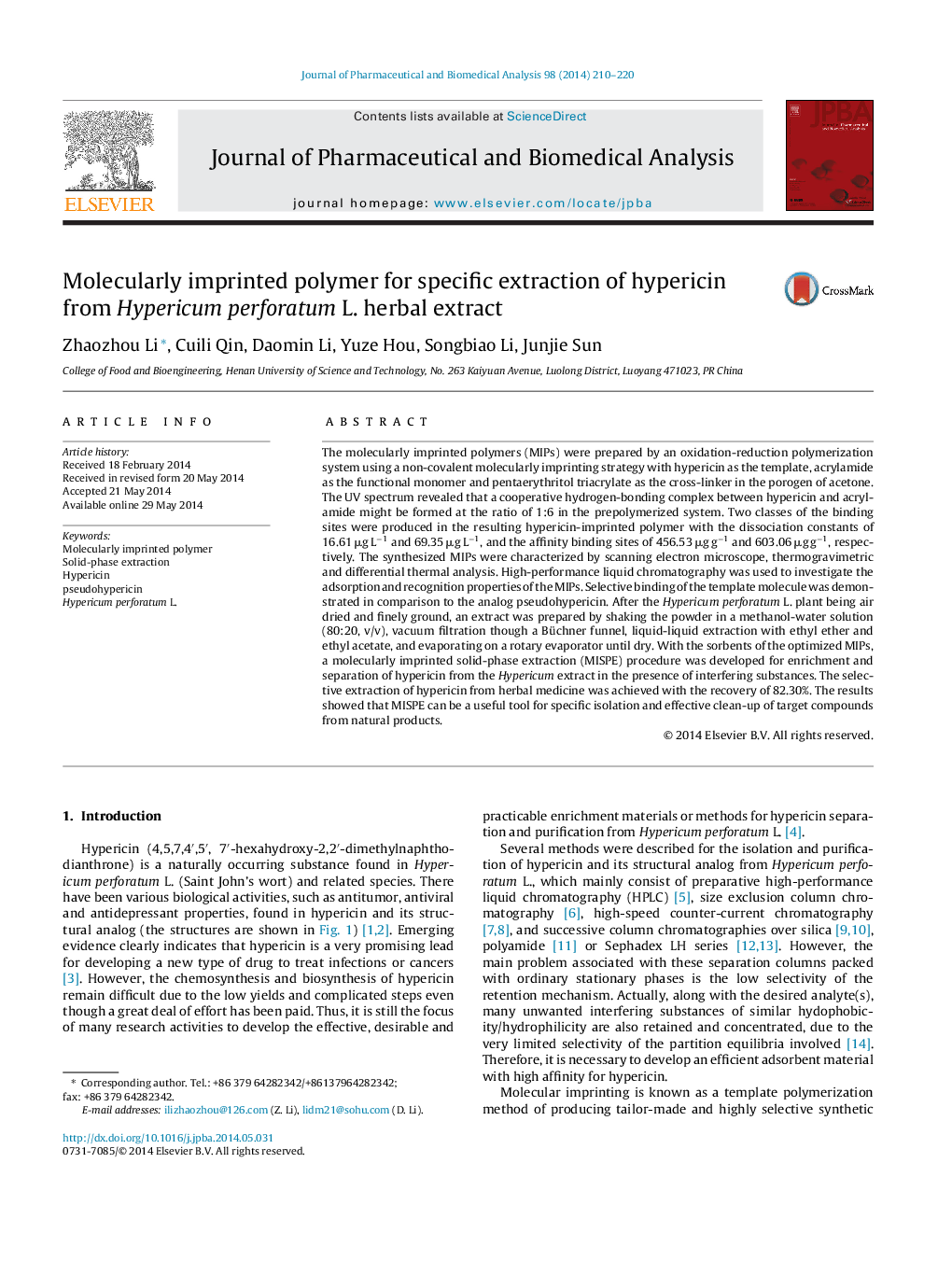 Molecularly imprinted polymer for specific extraction of hypericin from Hypericum perforatum L. herbal extract