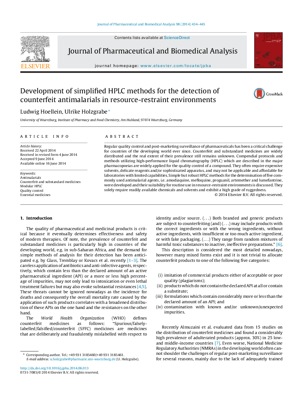 Development of simplified HPLC methods for the detection of counterfeit antimalarials in resource-restraint environments