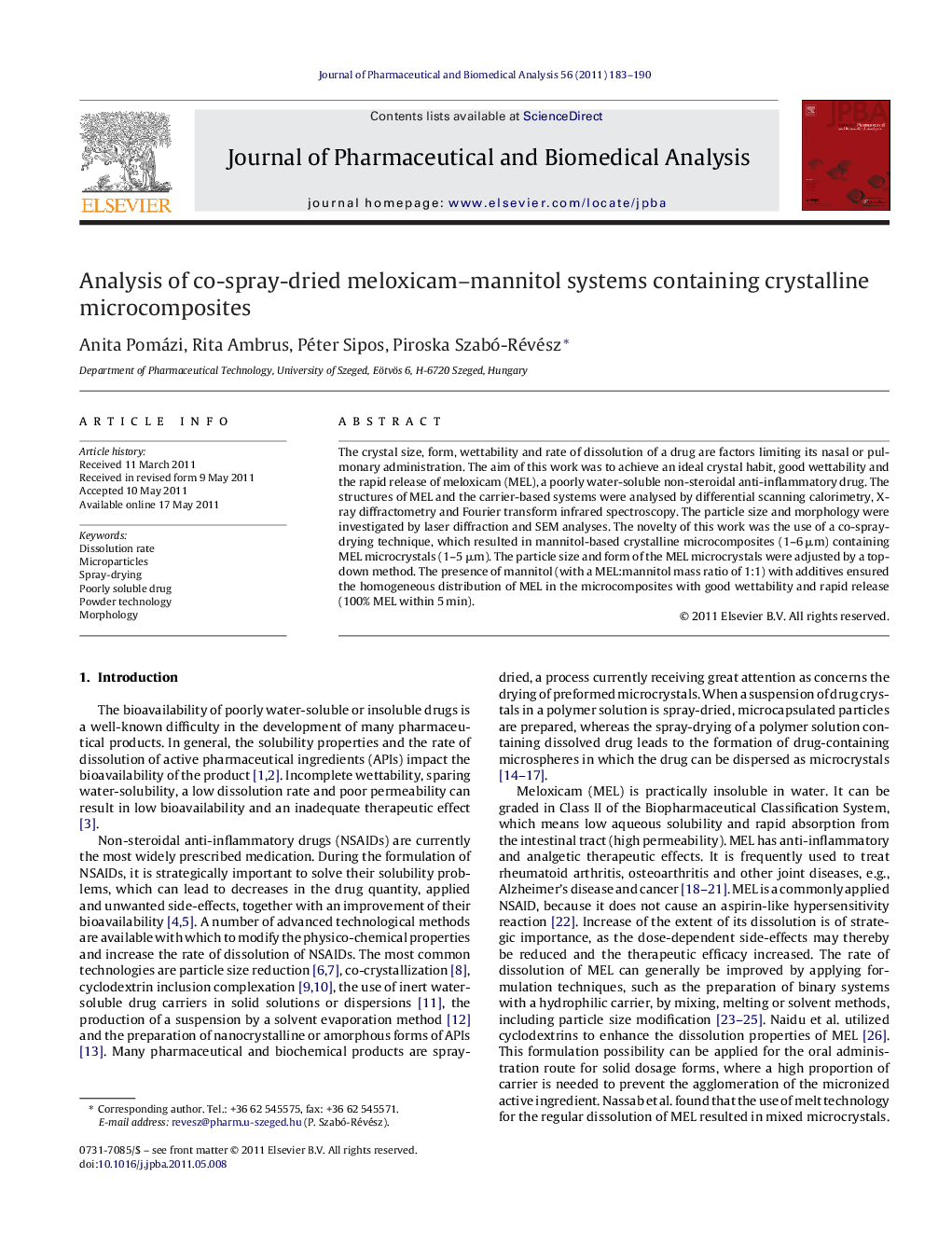 Analysis of co-spray-dried meloxicam–mannitol systems containing crystalline microcomposites