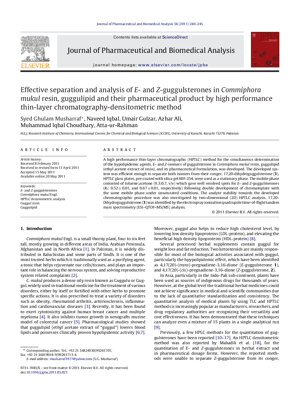 Effective separation and analysis of E- and Z-guggulsterones in Commiphora mukul resin, guggulipid and their pharmaceutical product by high performance thin-layer chromatography-densitometric method