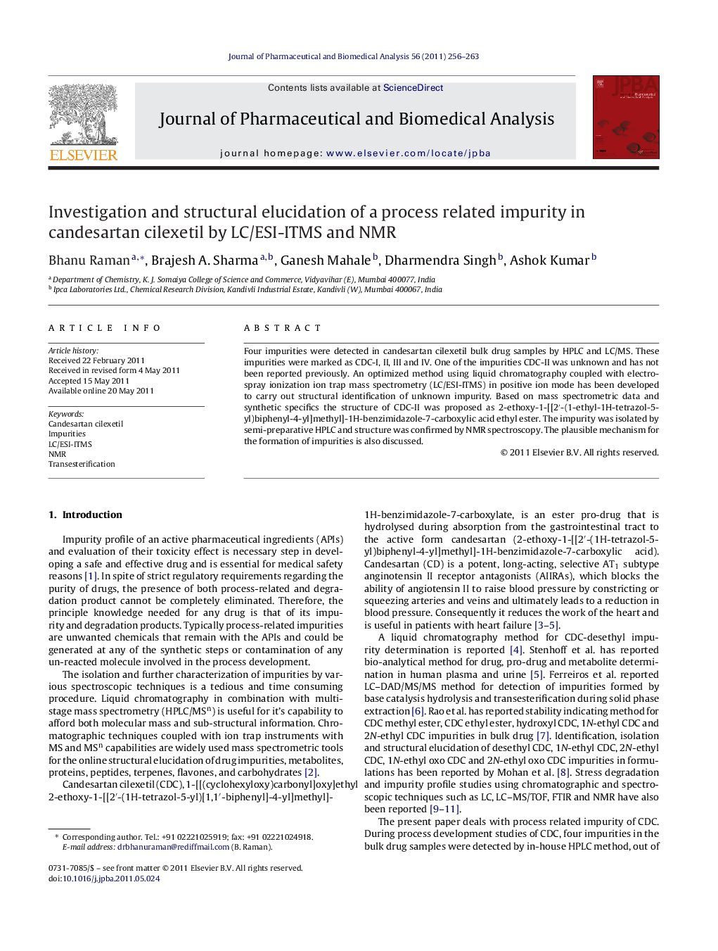 Investigation and structural elucidation of a process related impurity in candesartan cilexetil by LC/ESI-ITMS and NMR