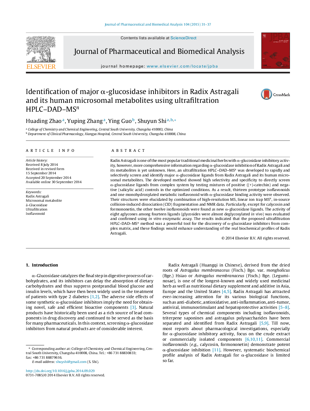 Identification of major α-glucosidase inhibitors in Radix Astragali and its human microsomal metabolites using ultrafiltration HPLC–DAD–MSn