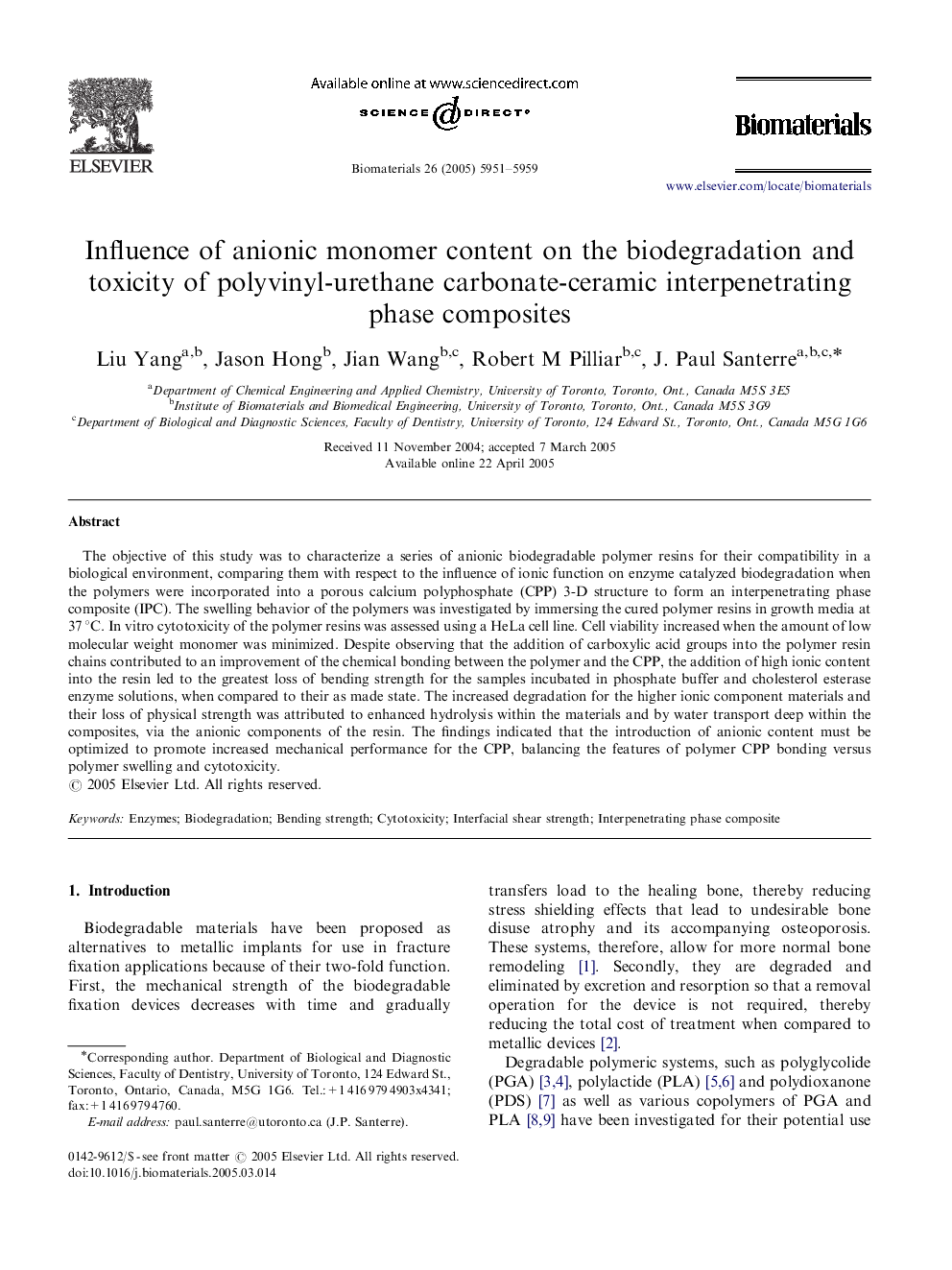 Influence of anionic monomer content on the biodegradation and toxicity of polyvinyl-urethane carbonate-ceramic interpenetrating phase composites