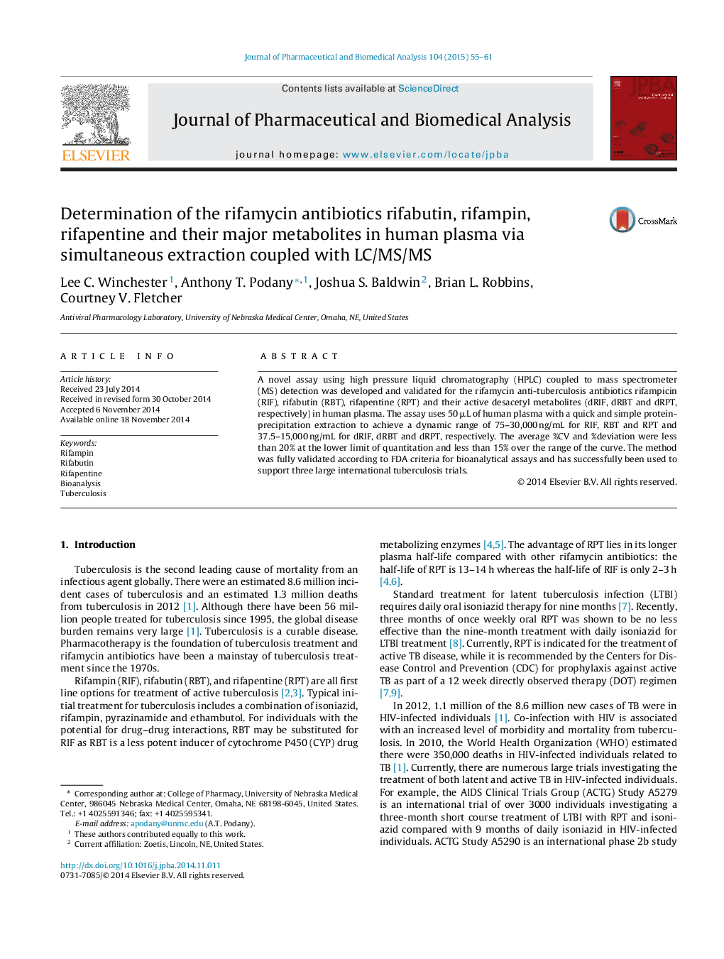 Determination of the rifamycin antibiotics rifabutin, rifampin, rifapentine and their major metabolites in human plasma via simultaneous extraction coupled with LC/MS/MS