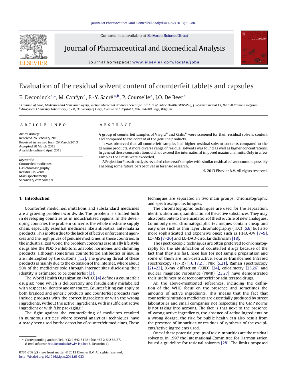 Evaluation of the residual solvent content of counterfeit tablets and capsules