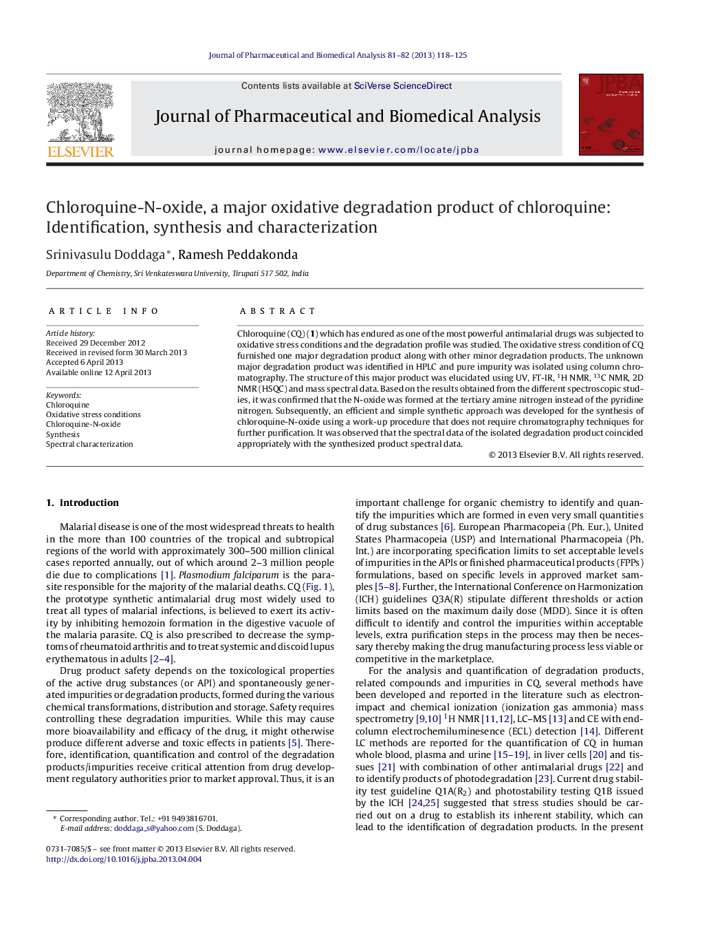 Chloroquine-N-oxide, a major oxidative degradation product of chloroquine: Identification, synthesis and characterization