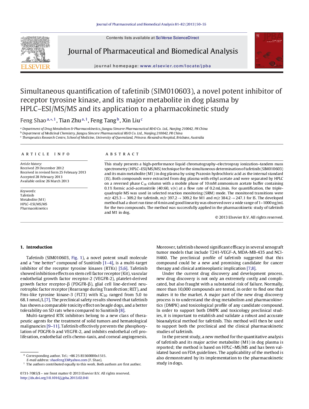 Simultaneous quantification of tafetinib (SIM010603), a novel potent inhibitor of receptor tyrosine kinase, and its major metabolite in dog plasma by HPLC–ESI/MS/MS and its application to a pharmacokinetic study