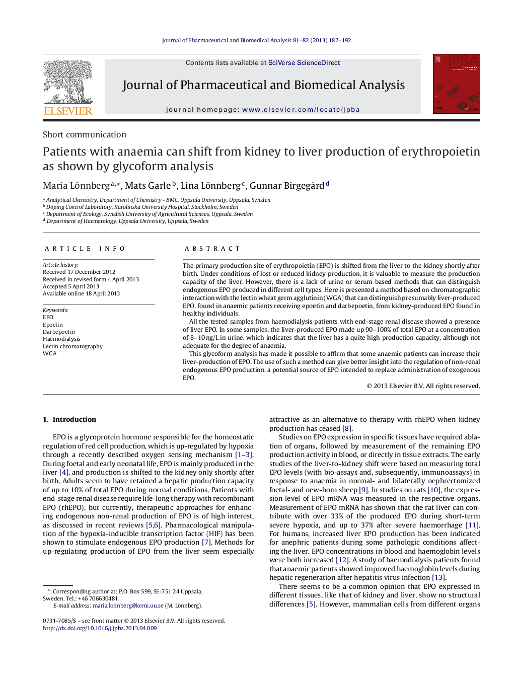 Patients with anaemia can shift from kidney to liver production of erythropoietin as shown by glycoform analysis