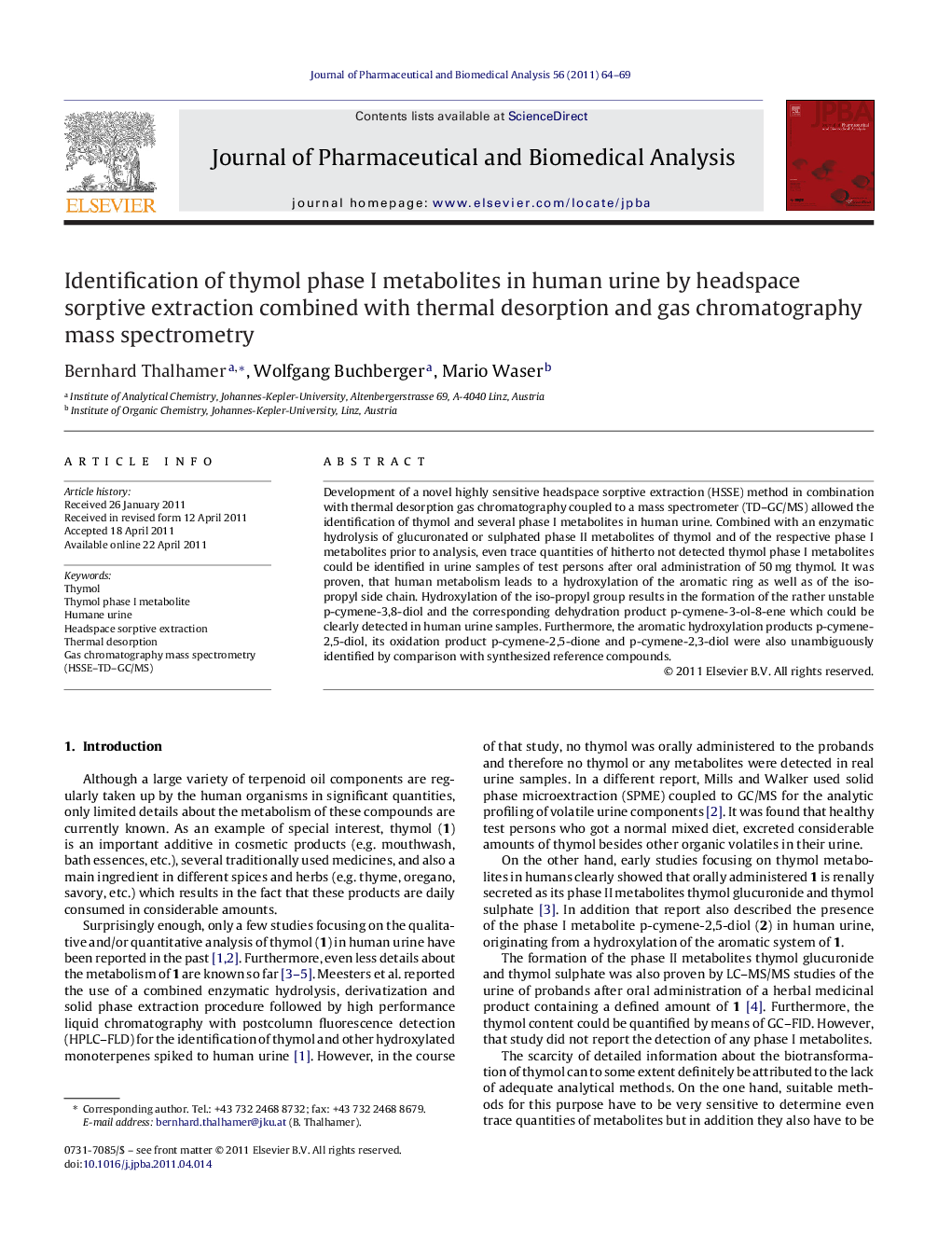 Identification of thymol phase I metabolites in human urine by headspace sorptive extraction combined with thermal desorption and gas chromatography mass spectrometry